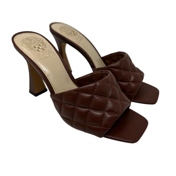 Vince Camuto Reselm Heeled Sandals Womens Sz 7 Dark Brown Leather Square Toe - Picture 1 of 7